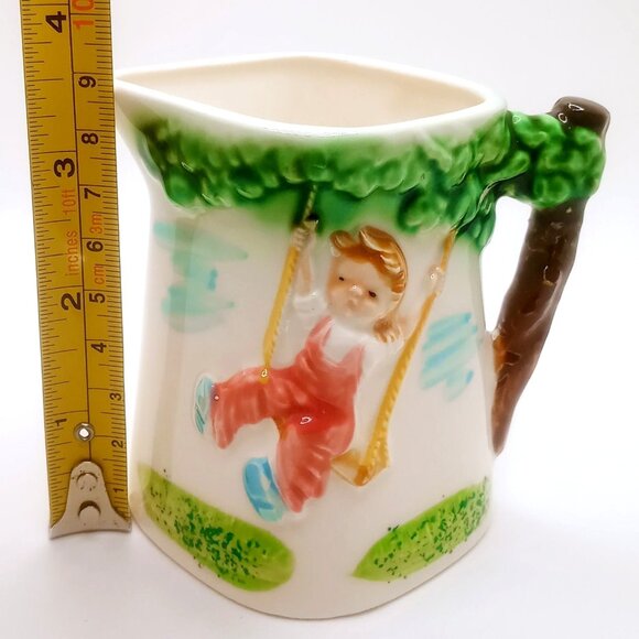 Vintage Ceramic Creamer Pitcher Girl Swing Design 3.5" Tall Tree Branch Handle - Picture 7 of 8